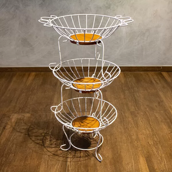 Fruteira Grande Redonda 3 Andares de Ferro e Madeira Branca